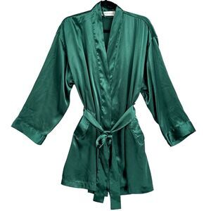 Victoria Secret Women OS Green Satin Robe Kimono Lounge Sleepwear Belted y2k 90s